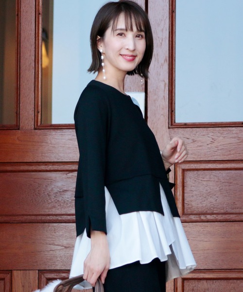 ElegChic(エレグシック)の「レイヤードプルオーバートップス(Tシャツ/カットソー・レディース・ネイビー/ベージュ/ブラック/ブラウン・F)」の14枚目の写真