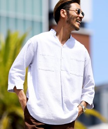 綿麻 パナマ織 スタンド スキッパー 7分袖シャツ