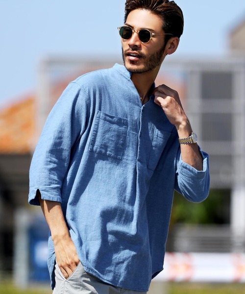 jiggys shop（ジギーズショップ）の「綿麻 パナマ織 スタンド スキッパー 7分袖シャツ（シャツ/ブラウス・メンズ・ホワイト/ライトブルー/ネイビー/グレー系その他/ブルー系その他/ライトピンク/ライトベージュ/チャコール/ブラウン/ベージュ/グレー/グレー系その他2・MEDIUM/LARGE）」の11枚目の写真