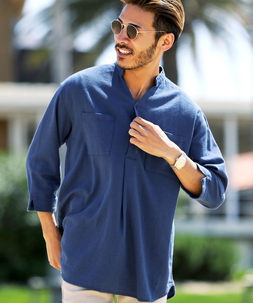 jiggys shop（ジギーズショップ）の「綿麻 パナマ織 スタンド スキッパー 7分袖シャツ（シャツ/ブラウス・メンズ・ホワイト/ライトブルー/ネイビー/グレー系その他/ブルー系その他/ライトピンク/ライトベージュ/チャコール/ブラウン/ベージュ/グレー/グレー系その他2・MEDIUM/LARGE）」の10枚目の写真