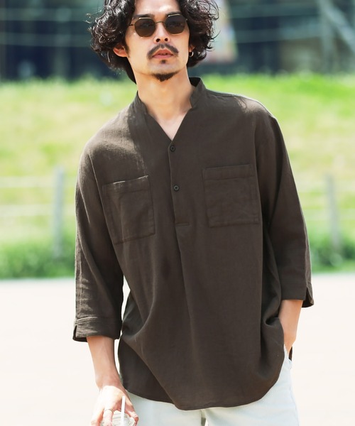 jiggys shop（ジギーズショップ）の「綿麻 パナマ織 スタンド スキッパー 7分袖シャツ（シャツ/ブラウス・メンズ・ホワイト/ライトブルー/ネイビー/グレー系その他/ブルー系その他/ライトピンク/ライトベージュ/チャコール/ブラウン/ベージュ/グレー/グレー系その他2・MEDIUM/LARGE）」の6枚目の写真