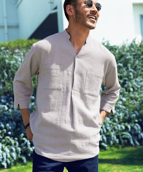 jiggys shop（ジギーズショップ）の「綿麻 パナマ織 スタンド スキッパー 7分袖シャツ（シャツ/ブラウス・メンズ・ホワイト/ライトブルー/ネイビー/グレー系その他/ブルー系その他/ライトピンク/ライトベージュ/チャコール/ブラウン/ベージュ/グレー/グレー系その他2・MEDIUM/LARGE）」の3枚目の写真