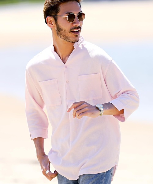 jiggys shop（ジギーズショップ）の「綿麻 パナマ織 スタンド スキッパー 7分袖シャツ（シャツ/ブラウス・メンズ・ホワイト/ライトブルー/ネイビー/グレー系その他/ブルー系その他/ライトピンク/ライトベージュ/チャコール/ブラウン/ベージュ/グレー/グレー系その他2・MEDIUM/LARGE）」の12枚目の写真