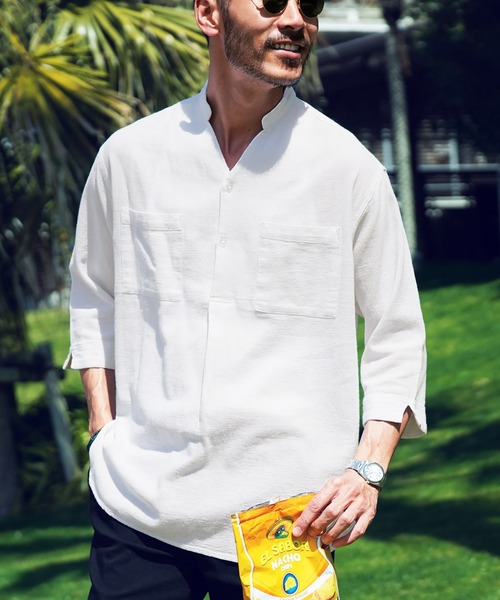 jiggys shop（ジギーズショップ）の「綿麻 パナマ織 スタンド スキッパー 7分袖シャツ（シャツ/ブラウス・メンズ・ホワイト/ライトブルー/ネイビー/グレー系その他/ブルー系その他/ライトピンク/ライトベージュ/チャコール/ブラウン/ベージュ/グレー/グレー系その他2・MEDIUM/LARGE）」の2枚目の写真