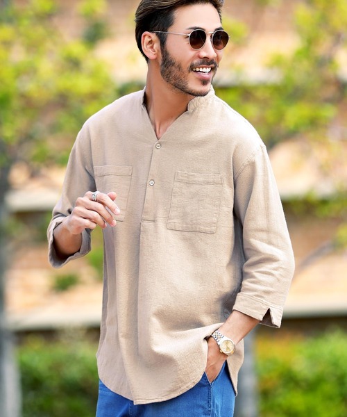 jiggys shop（ジギーズショップ）の「綿麻 パナマ織 スタンド スキッパー 7分袖シャツ（シャツ/ブラウス・メンズ・ホワイト/ライトブルー/ネイビー/グレー系その他/ブルー系その他/ライトピンク/ライトベージュ/チャコール/ブラウン/ベージュ/グレー/グレー系その他2・MEDIUM/LARGE）」の8枚目の写真