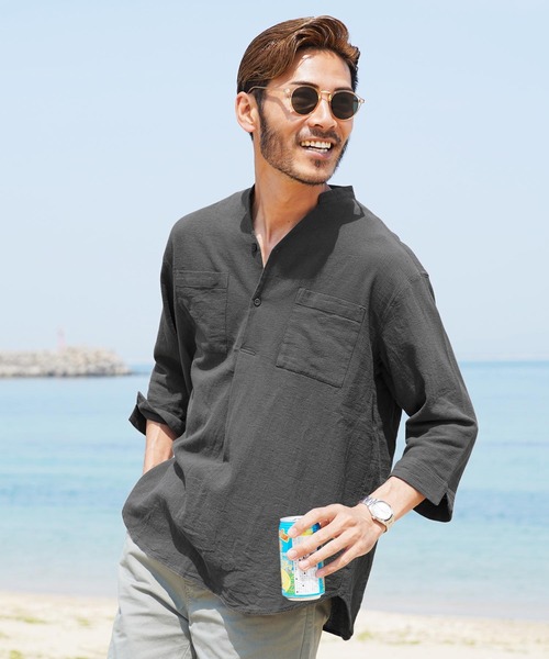 jiggys shop（ジギーズショップ）の「綿麻 パナマ織 スタンド スキッパー 7分袖シャツ（シャツ/ブラウス・メンズ・ホワイト/ライトブルー/ネイビー/グレー系その他/ブルー系その他/ライトピンク/ライトベージュ/チャコール/ブラウン/ベージュ/グレー/グレー系その他2・MEDIUM/LARGE）」の4枚目の写真