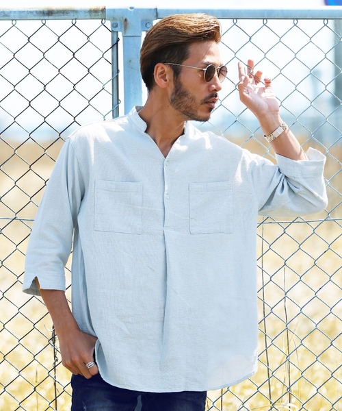 jiggys shop（ジギーズショップ）の「綿麻 パナマ織 スタンド スキッパー 7分袖シャツ（シャツ/ブラウス・メンズ・ホワイト/ライトブルー/ネイビー/グレー系その他/ブルー系その他/ライトピンク/ライトベージュ/チャコール/ブラウン/ベージュ/グレー/グレー系その他2・MEDIUM/LARGE）」の9枚目の写真