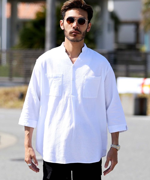 jiggys shop（ジギーズショップ）の「綿麻 パナマ織 スタンド スキッパー 7分袖シャツ（シャツ/ブラウス・メンズ・ホワイト/ライトブルー/ネイビー/グレー系その他/ブルー系その他/ライトピンク/ライトベージュ/チャコール/ブラウン/ベージュ/グレー/グレー系その他2・MEDIUM/LARGE）」の13枚目の写真