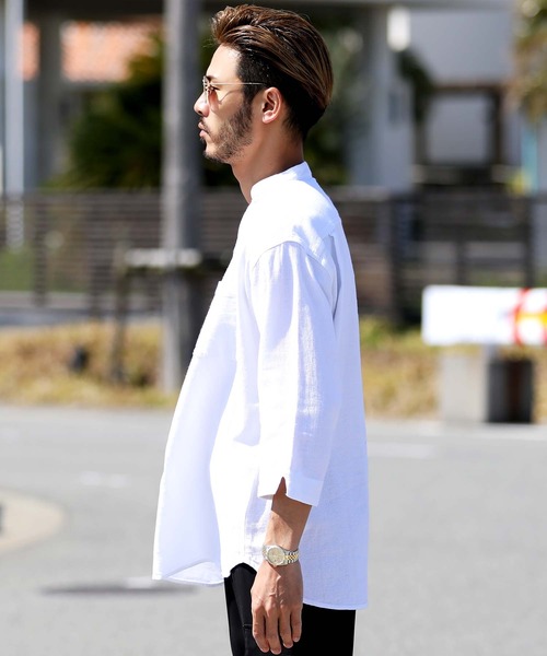 jiggys shop（ジギーズショップ）の「綿麻 パナマ織 スタンド スキッパー 7分袖シャツ（シャツ/ブラウス・メンズ・ホワイト/ライトブルー/ネイビー/グレー系その他/ブルー系その他/ライトピンク/ライトベージュ/チャコール/ブラウン/ベージュ/グレー/グレー系その他2・MEDIUM/LARGE）」の14枚目の写真