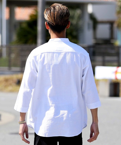 jiggys shop（ジギーズショップ）の「綿麻 パナマ織 スタンド スキッパー 7分袖シャツ（シャツ/ブラウス・メンズ・ホワイト/ライトブルー/ネイビー/グレー系その他/ブルー系その他/ライトピンク/ライトベージュ/チャコール/ブラウン/ベージュ/グレー/グレー系その他2・MEDIUM/LARGE）」の15枚目の写真