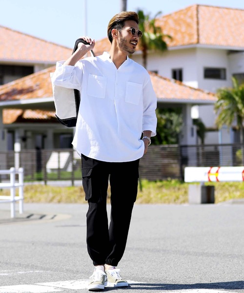 jiggys shop（ジギーズショップ）の「綿麻 パナマ織 スタンド スキッパー 7分袖シャツ（シャツ/ブラウス・メンズ・ホワイト/ライトブルー/ネイビー/グレー系その他/ブルー系その他/ライトピンク/ライトベージュ/チャコール/ブラウン/ベージュ/グレー/グレー系その他2・MEDIUM/LARGE）」の20枚目の写真