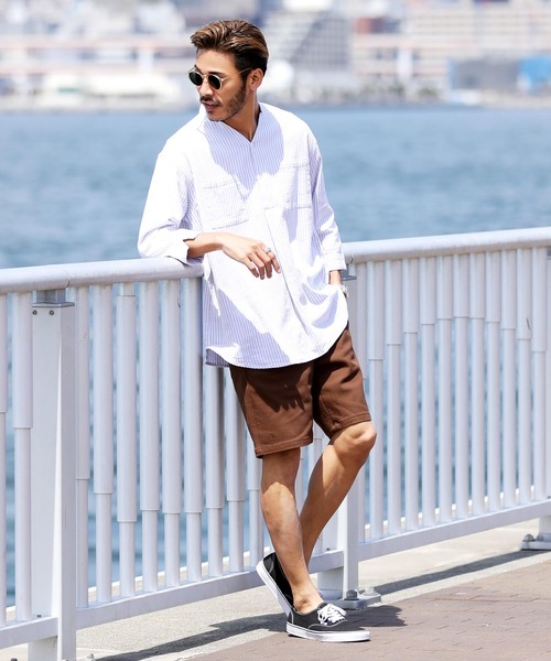 jiggys shop（ジギーズショップ）の「綿麻 パナマ織 スタンド スキッパー 7分袖シャツ（シャツ/ブラウス・メンズ・ホワイト/ライトブルー/ネイビー/グレー系その他/ブルー系その他/ライトピンク/ライトベージュ/チャコール/ブラウン/ベージュ/グレー/グレー系その他2・MEDIUM/LARGE）」の22枚目の写真