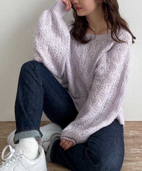 SLURR（スラ―）の「透かしミックスボリュームスリーブニット（ニット/セーター・レディース・ライトブルー/アイボリー/ラベンダー・FREE）」の3枚目の写真