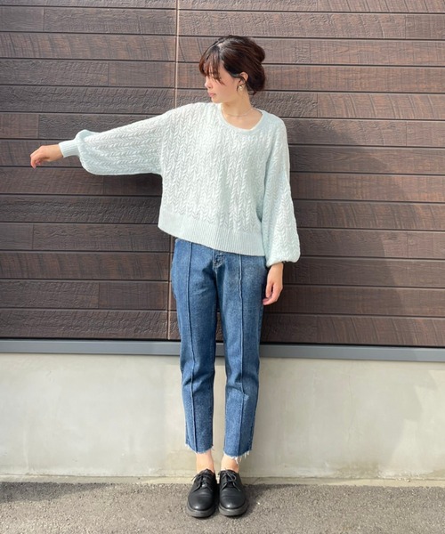 SLURR（スラ―）の「透かしミックスボリュームスリーブニット（ニット/セーター・レディース・ライトブルー/アイボリー/ラベンダー・FREE）」の20枚目の写真