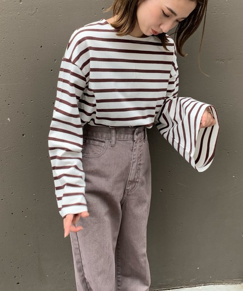 CIAOPANIC（チャオパニック）の「フレアスリーブボーダービッグTシャツ（Tシャツ/カットソー・レディース・ネイビー/ブラウン/ブルー/グリーン・FREE）」の14枚目の写真