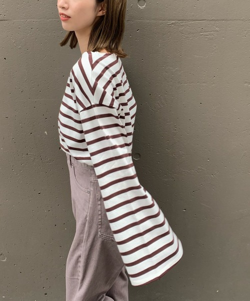 CIAOPANIC（チャオパニック）の「フレアスリーブボーダービッグTシャツ（Tシャツ/カットソー・レディース・ネイビー/ブラウン/ブルー/グリーン・FREE）」の15枚目の写真