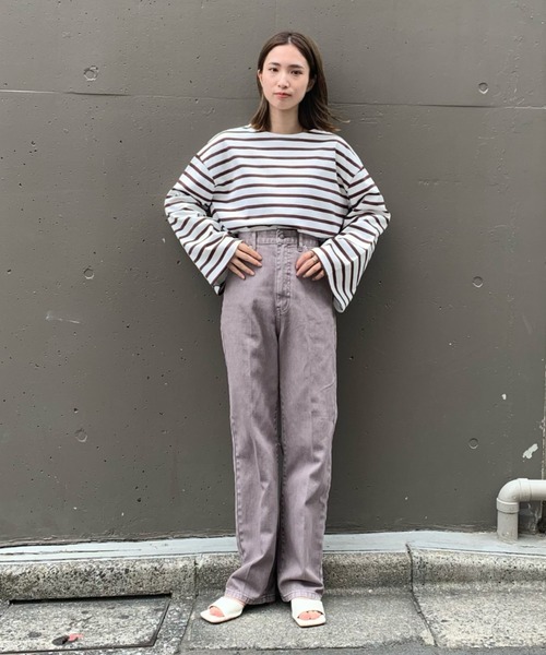 CIAOPANIC（チャオパニック）の「フレアスリーブボーダービッグTシャツ（Tシャツ/カットソー・レディース・ネイビー/ブラウン/ブルー/グリーン・FREE）」の19枚目の写真