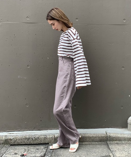 CIAOPANIC（チャオパニック）の「フレアスリーブボーダービッグTシャツ（Tシャツ/カットソー・レディース・ネイビー/ブラウン/ブルー/グリーン・FREE）」の20枚目の写真