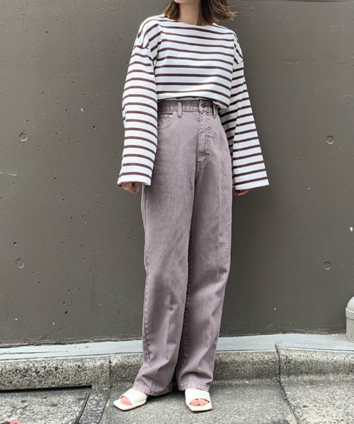 CIAOPANIC（チャオパニック）の「フレアスリーブボーダービッグTシャツ（Tシャツ/カットソー・レディース・ネイビー/ブラウン/ブルー/グリーン・FREE）」の17枚目の写真