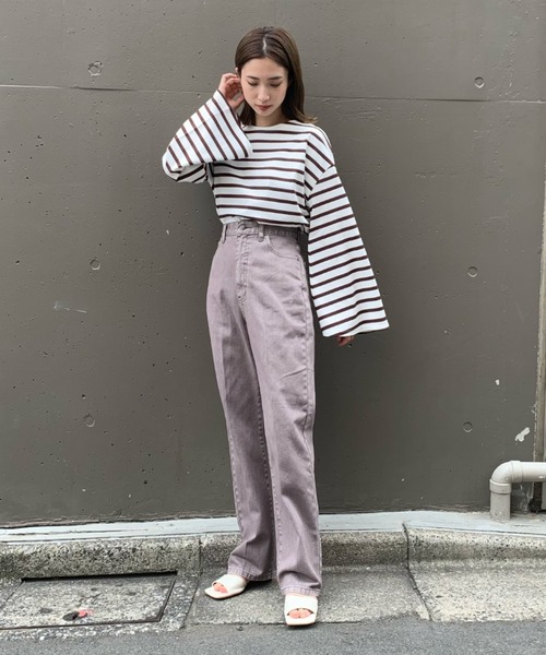 CIAOPANIC（チャオパニック）の「フレアスリーブボーダービッグTシャツ（Tシャツ/カットソー・レディース・ネイビー/ブラウン/ブルー/グリーン・FREE）」の21枚目の写真