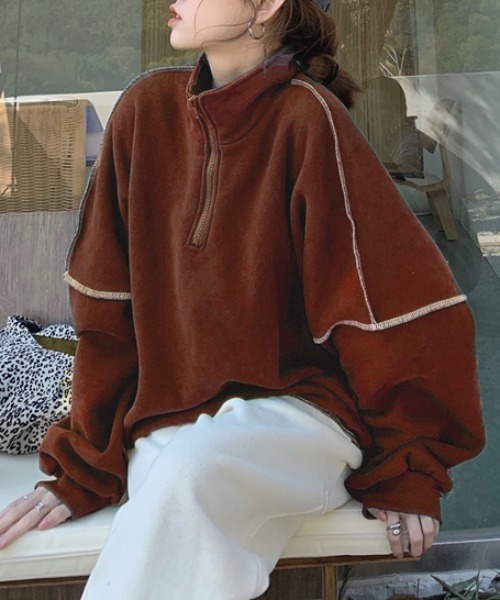 ABITOKYO（アビトーキョー）の「フロントジップ配色ステッチトレーナー（スウェット・レディース・イエロー/グリーン/モカ/ブラック/ピンクベージュ/ブラウン/ブルー/ボルドー/チャコールグレー/ベージュ・FREE）」の4枚目の写真