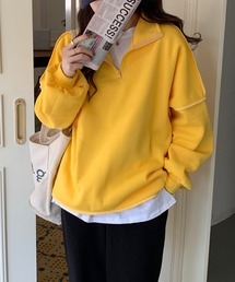 フロントジップ配色ステッチトレーナー