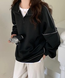 フロントジップ配色ステッチトレーナー