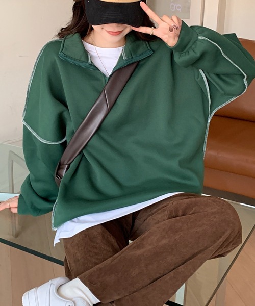 ABITOKYO（アビトーキョー）の「フロントジップ配色ステッチトレーナー（スウェット・レディース・イエロー/グリーン/モカ/ブラック/ピンクベージュ/ブラウン/ブルー/ボルドー/チャコールグレー/ベージュ・FREE）」の12枚目の写真