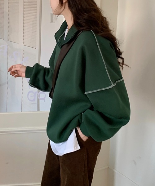 ABITOKYO（アビトーキョー）の「フロントジップ配色ステッチトレーナー（スウェット・レディース・イエロー/グリーン/モカ/ブラック/ピンクベージュ/ブラウン/ブルー/ボルドー/チャコールグレー/ベージュ・FREE）」の20枚目の写真