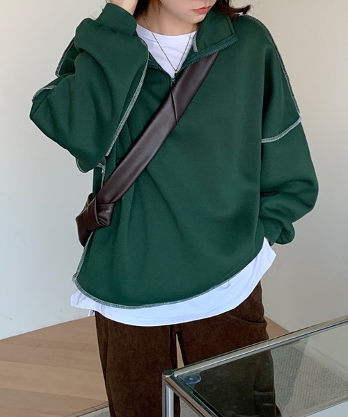 ABITOKYO（アビトーキョー）の「フロントジップ配色ステッチトレーナー（スウェット・レディース・イエロー/グリーン/モカ/ブラック/ピンクベージュ/ブラウン/ブルー/ボルドー/チャコールグレー/ベージュ・FREE）」の21枚目の写真