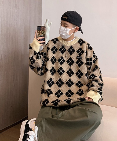 MGV(エムジーヴィー)の「アーガイル柄オーバーサイズニット(ニット/セーター・メンズ・ブラック/オレンジ/グリーン/グレー/ブルー・LARGE/MEDIUM/X-LARGE)」の2枚目の写真