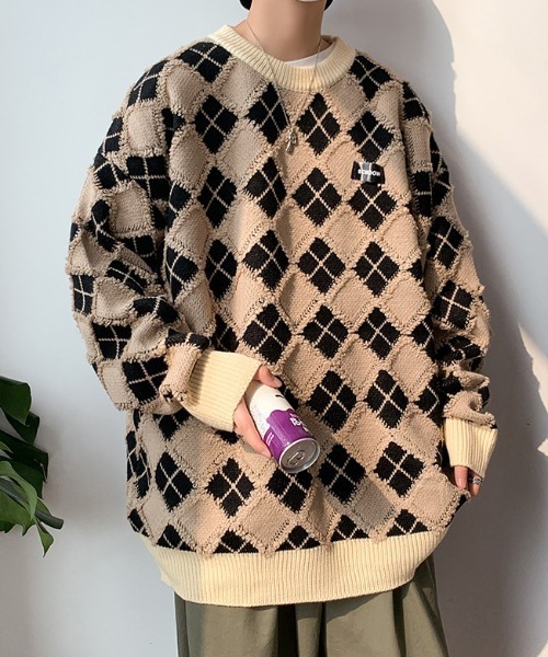 MGV(エムジーヴィー)の「アーガイル柄オーバーサイズニット(ニット/セーター・メンズ・ブラック/オレンジ/グリーン/グレー/ブルー・LARGE/MEDIUM/X-LARGE)」の8枚目の写真