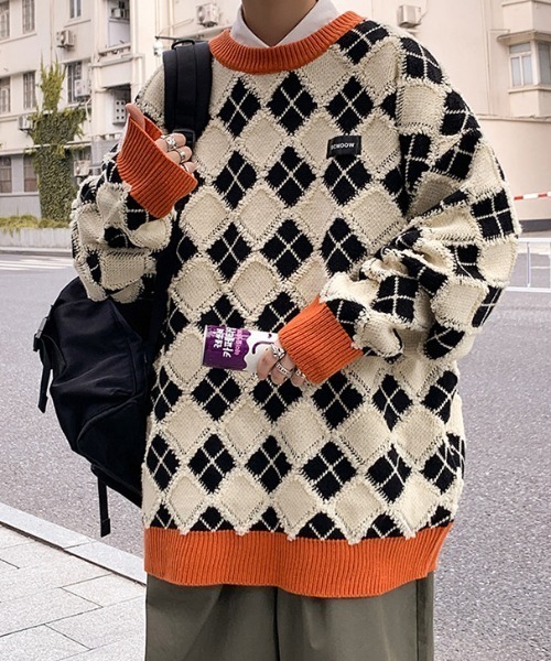 MGV(エムジーヴィー)の「アーガイル柄オーバーサイズニット(ニット/セーター・メンズ・ブラック/オレンジ/グリーン/グレー/ブルー・LARGE/MEDIUM/X-LARGE)」の10枚目の写真