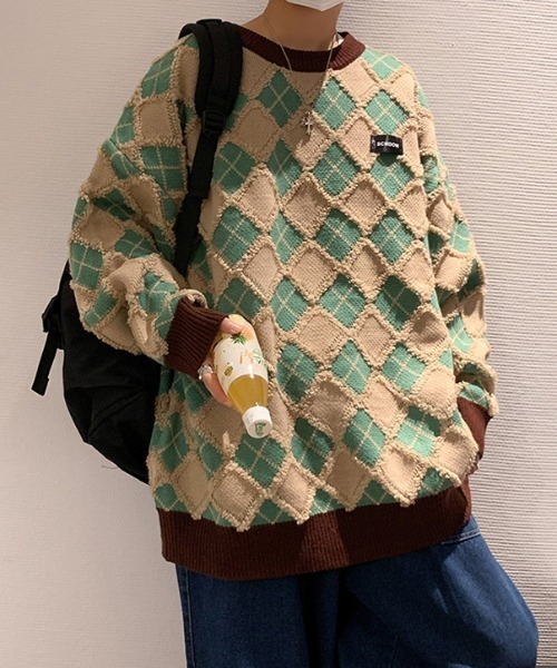 MGV(エムジーヴィー)の「アーガイル柄オーバーサイズニット(ニット/セーター・メンズ・ブラック/オレンジ/グリーン/グレー/ブルー・LARGE/MEDIUM/X-LARGE)」の15枚目の写真