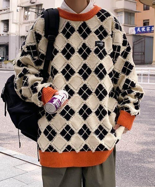 MGV(エムジーヴィー)の「アーガイル柄オーバーサイズニット(ニット/セーター・メンズ・ブラック/オレンジ/グリーン/グレー/ブルー・LARGE/MEDIUM/X-LARGE)」の12枚目の写真