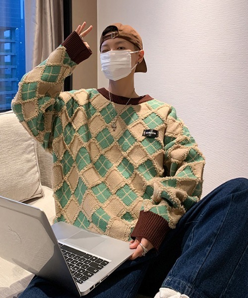 MGV(エムジーヴィー)の「アーガイル柄オーバーサイズニット(ニット/セーター・メンズ・ブラック/オレンジ/グリーン/グレー/ブルー・LARGE/MEDIUM/X-LARGE)」の14枚目の写真