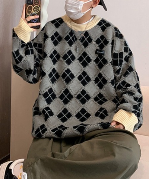MGV(エムジーヴィー)の「アーガイル柄オーバーサイズニット(ニット/セーター・メンズ・ブラック/オレンジ/グリーン/グレー/ブルー・LARGE/MEDIUM/X-LARGE)」の18枚目の写真