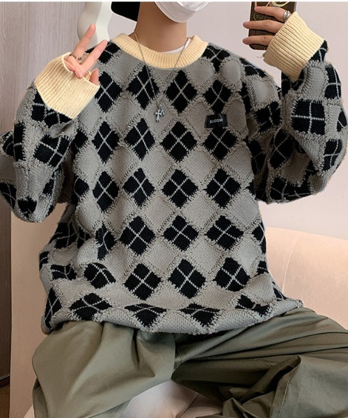 MGV(エムジーヴィー)の「アーガイル柄オーバーサイズニット(ニット/セーター・メンズ・ブラック/オレンジ/グリーン/グレー/ブルー・LARGE/MEDIUM/X-LARGE)」の21枚目の写真