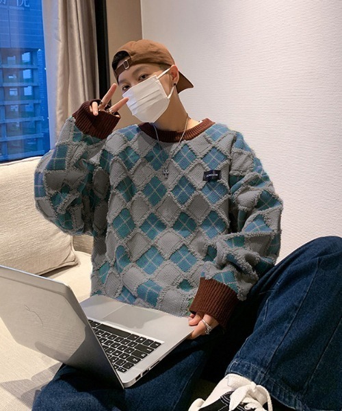 MGV(エムジーヴィー)の「アーガイル柄オーバーサイズニット(ニット/セーター・メンズ・ブラック/オレンジ/グリーン/グレー/ブルー・LARGE/MEDIUM/X-LARGE)」の22枚目の写真