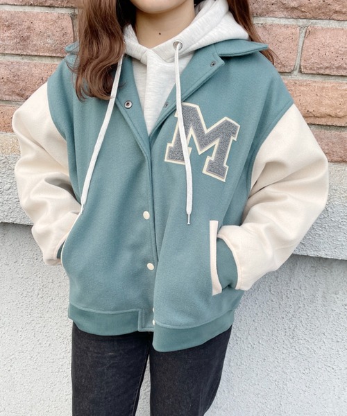 nemne store(ネンネストア)の「ミント香るワッペン付きスタジャン(スタジャン・レディース・グリーン/ベージュ・フリー)」の1枚目の写真