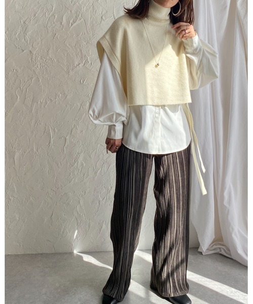 セール】モヘアタッチサイドリボンショート丈ハイネックニット