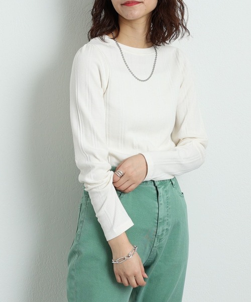 CIAOPANIC TYPY（チャオパニックティピー）の「▽ボリュームスリーブリブTee（Tシャツ/カットソー・レディース・ブラック/オフホワイト/オレンジ/グリーン・ONE SIZE）」の5枚目の写真