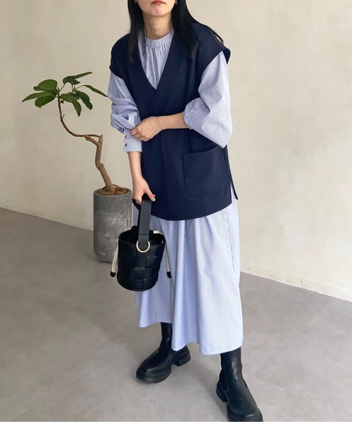 prose verse（プロズヴェール）の「ベストSETギャザーロングワンピース（ワンピース・レディース・ブラック/ネイビー/ベージュ・ﾌﾘ-）」の3枚目の写真