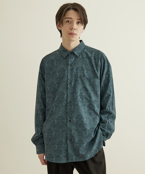 JUNRED(ジュンレッド)の「【トレンドプリント、イージーケア】ダマスクプリントロングスリーブルーズシャツ(シャツ/ブラウス・メンズ・グリーン/ブラック・L/LL/M)」の1枚目の写真