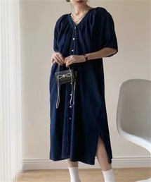 ノーカラーデニムシャツワンピース