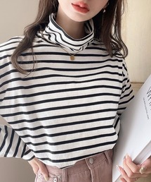 moment+ | 綿100％無地＆ボーダー ハイネックロングスリーブTシャツ(Tシャツ/カットソー)