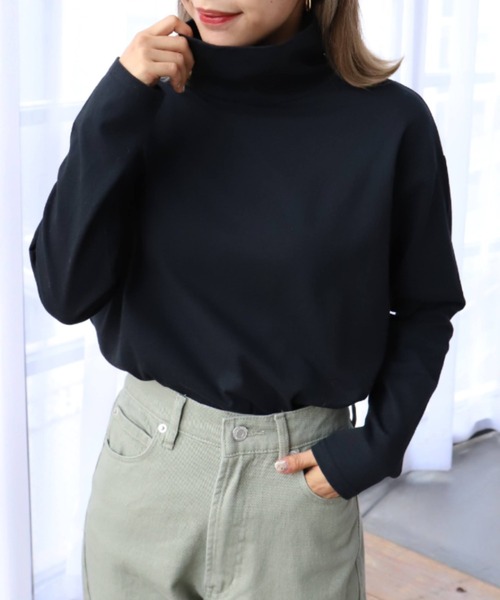 moment+（モーメントプラス）の「綿100％無地＆ボーダー ハイネックロングスリーブTシャツ（Tシャツ/カットソー・レディース・ブラック/オフホワイト/ピンク/グリーン/ブラック系その他・M）」の17枚目の写真