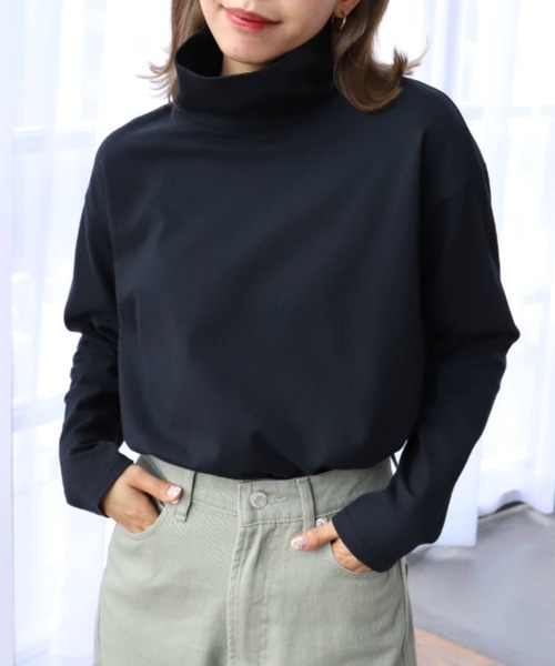 moment+（モーメントプラス）の「綿100％無地＆ボーダー ハイネックロングスリーブTシャツ（Tシャツ/カットソー・レディース・ブラック/オフホワイト/ピンク/グリーン/ブラック系その他・M）」の18枚目の写真