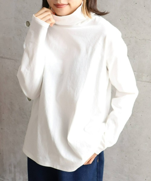 moment+（モーメントプラス）の「綿100％無地＆ボーダー ハイネックロングスリーブTシャツ（Tシャツ/カットソー・レディース・ブラック/オフホワイト/ピンク/グリーン/ブラック系その他・M）」の9枚目の写真