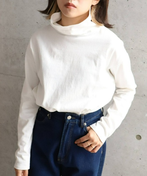 moment+（モーメントプラス）の「綿100％無地＆ボーダー ハイネックロングスリーブTシャツ（Tシャツ/カットソー・レディース・ブラック/オフホワイト/ピンク/グリーン/ブラック系その他・M）」の8枚目の写真